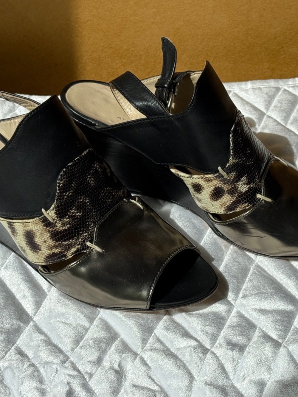 AGL Black Leather Wedge Sandals with Leopard Print Panel - Picture 10 of 10
